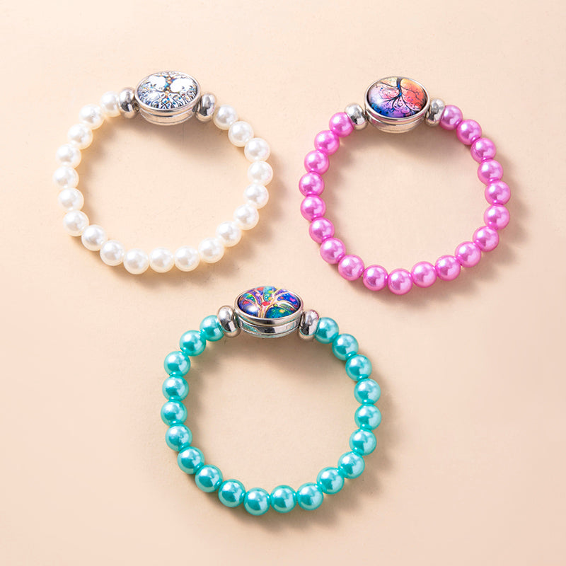 3Pcs Tree Of Life Glass Snap Button Charm Beads Elastic Bracelets For Girls Women Sisters Friends