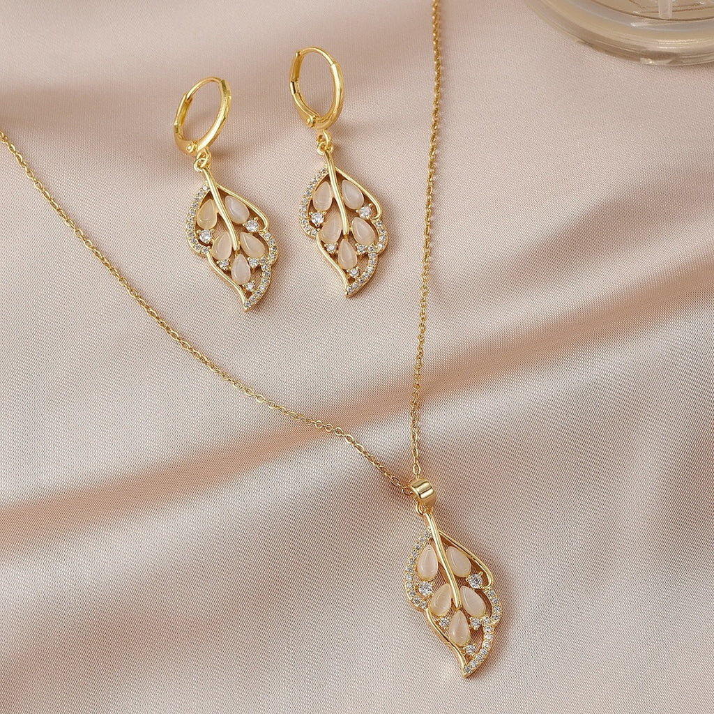 Opal Leaves Necklace Earrings For Women