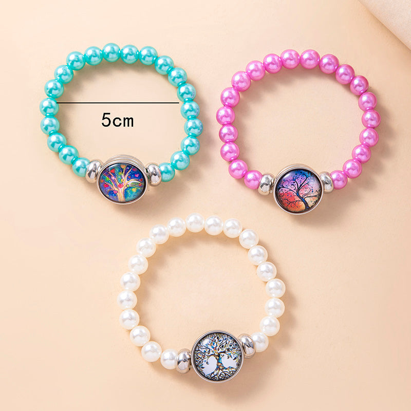 3Pcs Tree Of Life Glass Snap Button Charm Beads Elastic Bracelets For Girls Women Sisters Friends